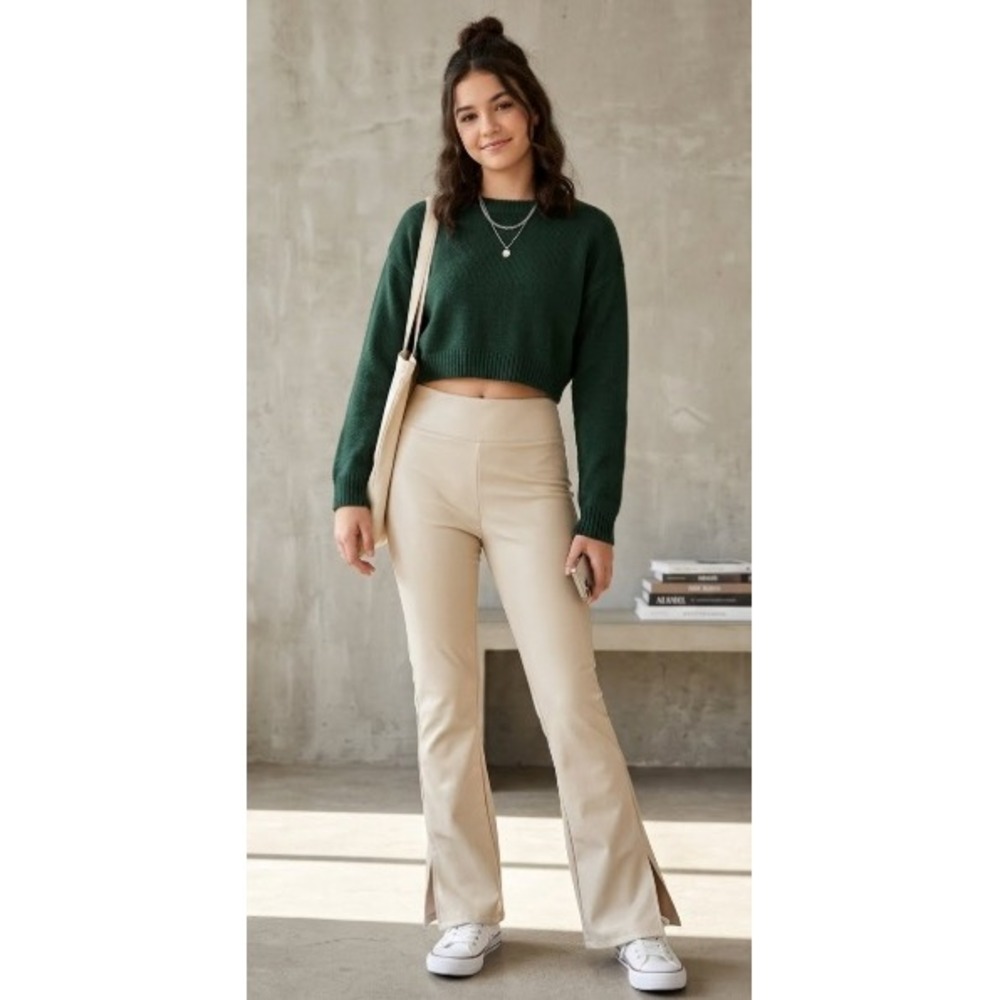 Forever 21 Cream Faux Vegan Leather Flared Pants High Rise Side Slit Sz. XS Edgy